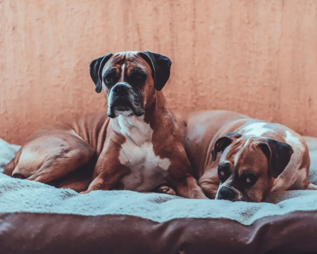 Two Boxer dogs lying on a blanket indoors.